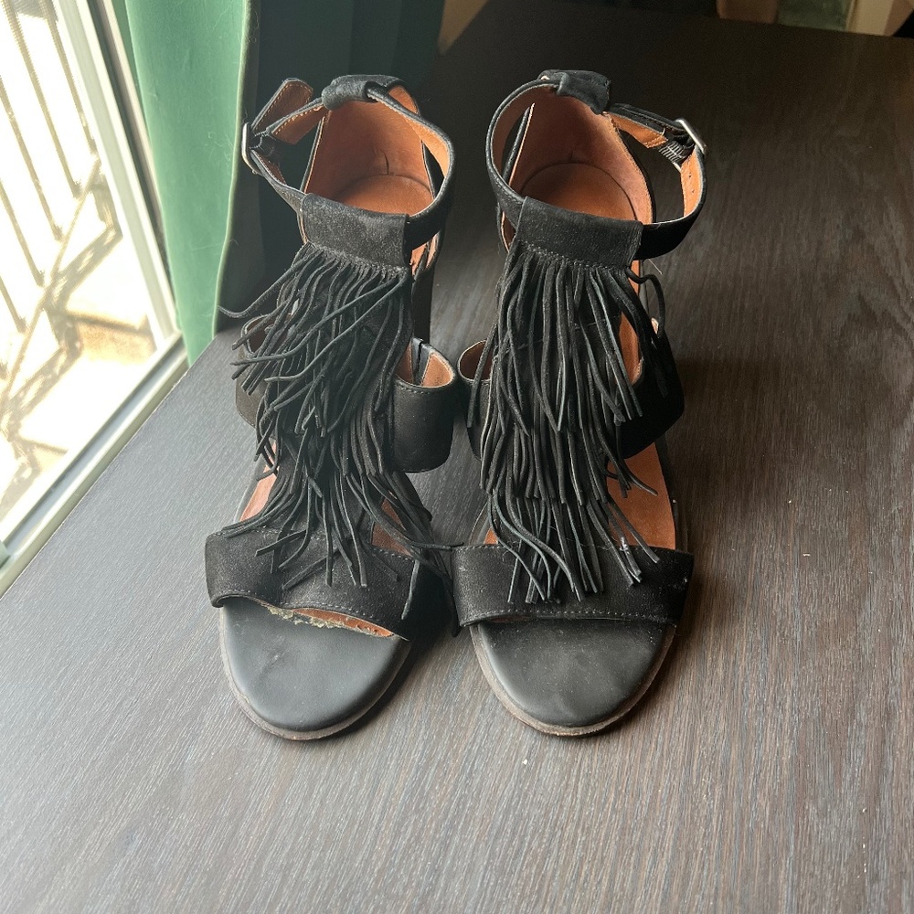 Lucky Brand Black Fringe Heels | Open Toe Sandal Block Heels | size 9